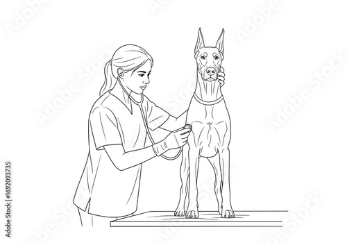 Veterinary nurse giving a vaccination to a Doberman dog in a clinic illustrated in line art