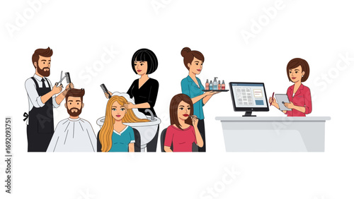 Diverse group of people receiving hair treatments and services at a modern salon with a receptionist at the counter handling appointments and payments
