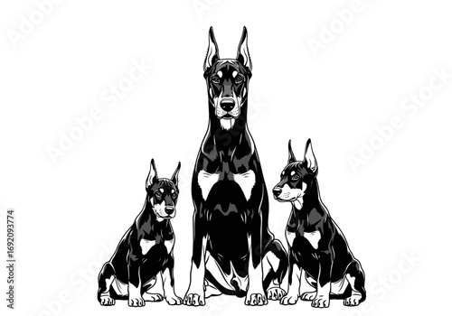 Adult Doberman with two puppies illustrated in black and white, showcasing family bond