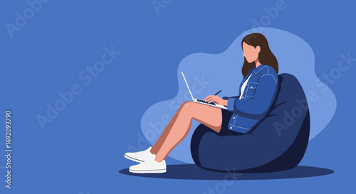 Young woman comfortably working on laptop in a relaxed setting, ideal for concepts of remote work, online learning, or creative illustration.