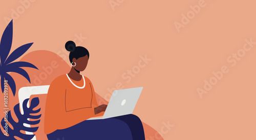 Diverse woman working remotely on laptop in a relaxed, tropical-inspired setting. Ideal for themes of online business, digital lifestyle, education, and freelance work.