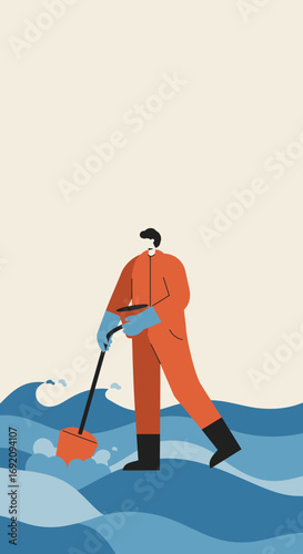 A person in an orange protective suit and gloves diligently cleans up blue water, symbolizing environmental protection and disaster relief efforts. Ideal for conservation and sustainability themes.