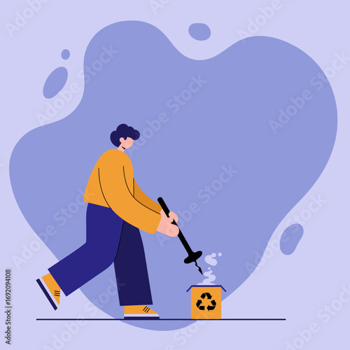 Illustration of a person actively cleaning up, placing trash into a recycling bin, emphasizing environmental care and sustainable practices.