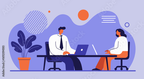 Two professionals collaboratively working on laptops at a modern office desk. Illustrates teamwork, productivity, and contemporary business concepts for corporate or remote work.