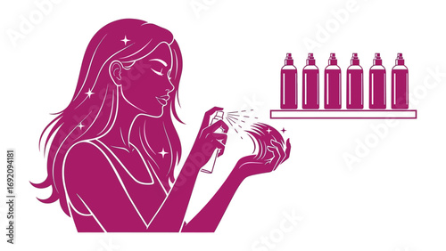 Elegant silhouette of a woman with long flowing hair applying perfume from a spray bottle to her wrist with a row of perfume bottles on a shelf