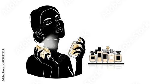 Elegant woman with eyes closed enjoying the scent of perfume from a bottle surrounded by a collection of luxury fragrances on a shelf