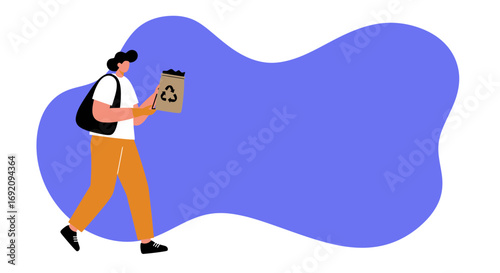 A person walking with a reusable shopping bag featuring a recycling symbol, promoting eco-friendly habits and sustainable consumerism. Ideal for environmental concepts.