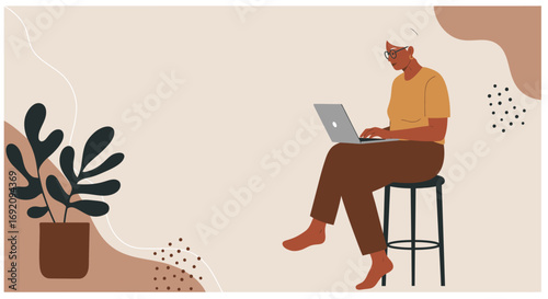 Senior woman with grey hair and glasses focused on her laptop. Represents modern learning, remote work, and active senior lifestyle in a minimalist setting.