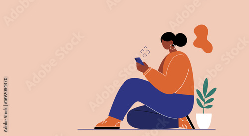 Modern woman casually using a smartphone, symbolizing digital connectivity, communication, and remote work. Lifestyle and technology concept.
