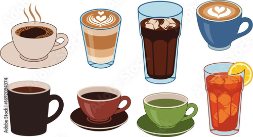 A vibrant collection of diverse coffee and tea beverages in various cups and glasses