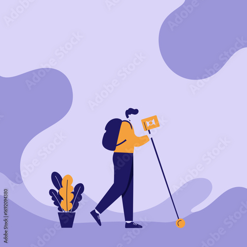 A man with a backpack uses a metal detector or surveying tool to find or locate something, symbolizing discovery, exploration, and modern search technology.