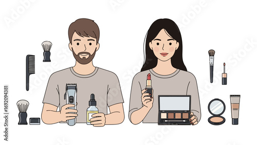 Modern diverse couple with beard and long hair holding makeup and skincare products surrounded by beauty tools and cosmetics for application and grooming