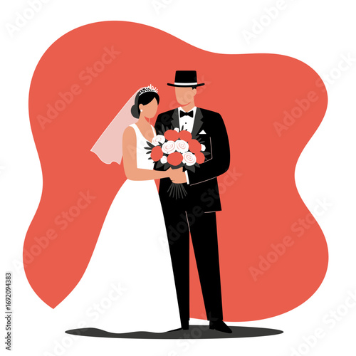 Elegant illustration of a newlywed couple: bride in white dress with bouquet, groom in tuxedo. Represents love, marriage, and celebration. Ideal for events.