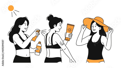 Three young women in swimwear applying sunscreen lotion to protect their skin from the sun s harmful ultraviolet rays during a summer day outdoors