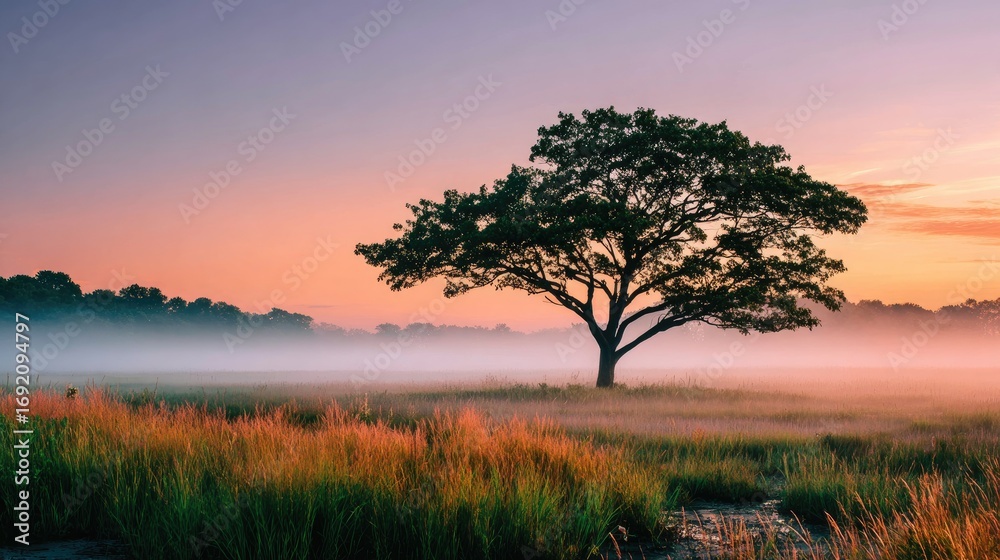 Fototapeta premium Misty sunrise, lone tree silhouette