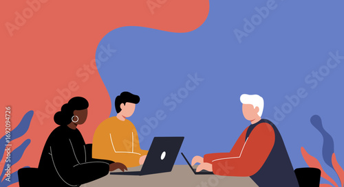 Diverse team collaborating on laptops in a modern workspace, representing teamwork, digital communication, and business innovation. Ideal for corporate and startup themes.