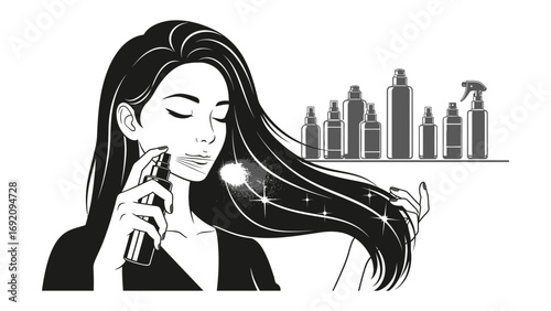 Elegant woman with long flowing hair applying perfume from a spray bottle with a collection of beauty and cosmetic products in the background