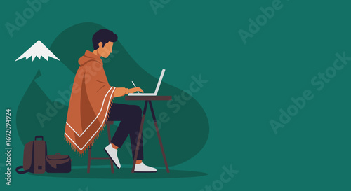Man in a poncho works remotely on a laptop amidst scenic mountains, embodying the digital nomad lifestyle of freedom and productivity.