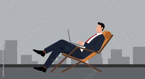 Businessman working remotely on a laptop in a relaxed pose on a rooftop, overlooking a city skyline. Represents modern work, flexibility, and a balanced lifestyle.