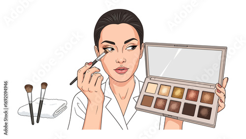 Young woman applying eyeshadow with a brush from a colorful palette focused on her makeup routine and beauty transformation