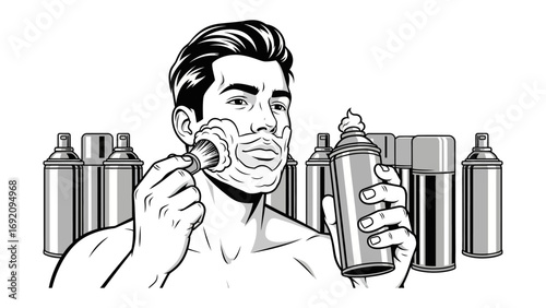 Close up of a stylish man applying shaving foam to his face with a razor in a retro black and white illustration style