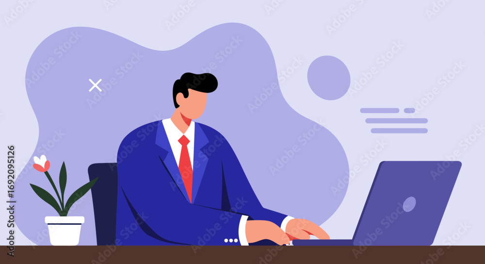 Fototapeta premium Professional businessman focused on work, typing on a laptop at a desk in a modern office. Ideal for concepts of productivity, remote work, and business technology.