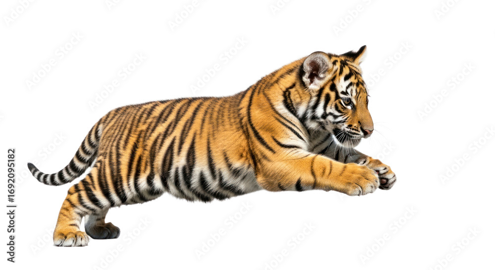 Obraz premium Tiger cub leaping against transparent background
