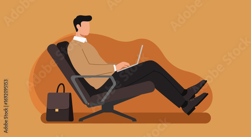 Professional man working comfortably on a laptop in a relaxed chair. Ideal for concepts of remote work, flexible hours, and modern lifestyle balance.
