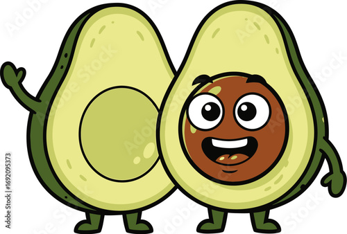 Happy cartoon avocado characters waving and smiling, one whole and one halved