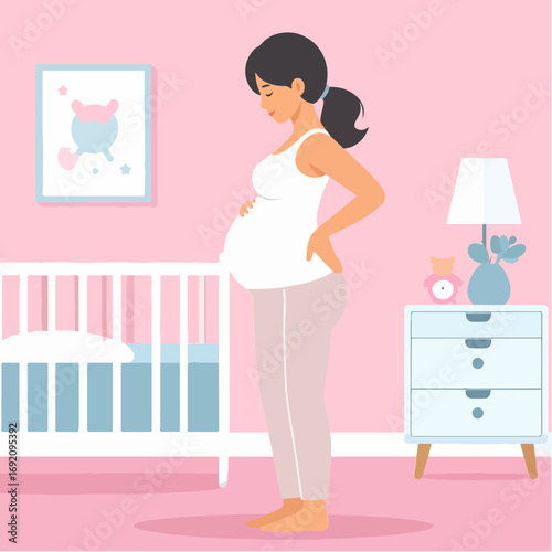 Pregnant woman standing in a nursery, looking down at her belly, with a crib, painting, and a nightstand with a lamp and teddy bear in a pink bedroom.