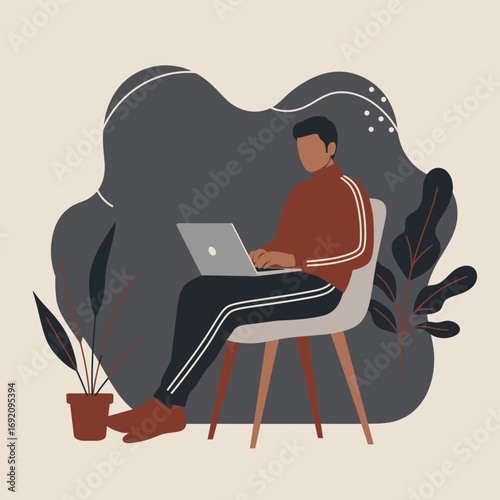 Relaxed man working remotely on a laptop in a cozy, modern home setting. Illustrates productivity, freelance work, and flexible lifestyle concepts.