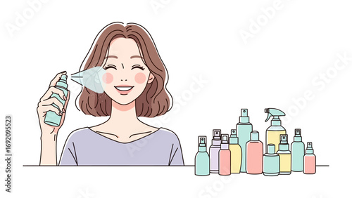 Smiling woman with short brown hair sprays refreshing facial mist onto her face surrounded by a collection of various skincare bottles and cosmetic products