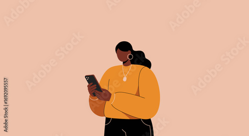 A stylish Black woman uses her smartphone, embodying modern digital communication, online connectivity, and contemporary lifestyle. Ideal for technology, social media, and business concepts.