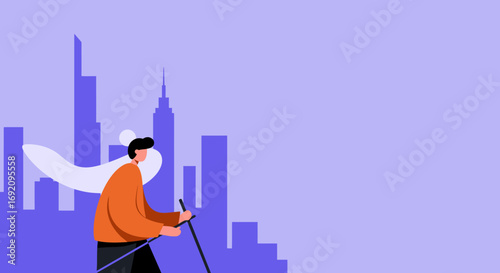 A person walks with poles against a modern city skyline backdrop, representing urban exercise, health, and a dynamic lifestyle. Ideal for fitness, travel, and wellness themes.