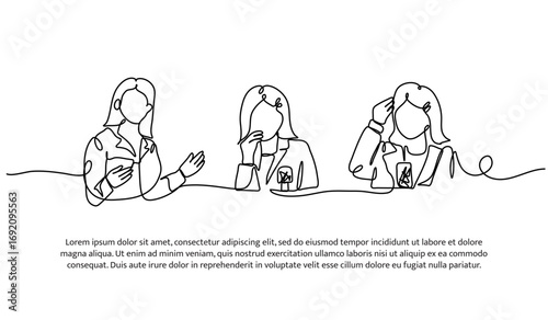 Continuous line design of press conference. Single line decorative element drawn on white.