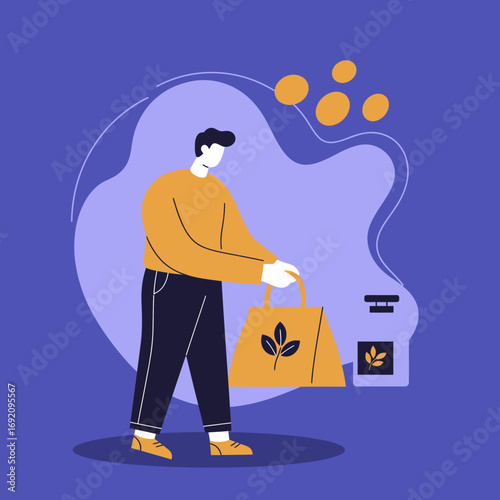 A man carries a natural product shopping bag, representing sustainable consumerism, healthy lifestyle choices, and eco-friendly purchasing.