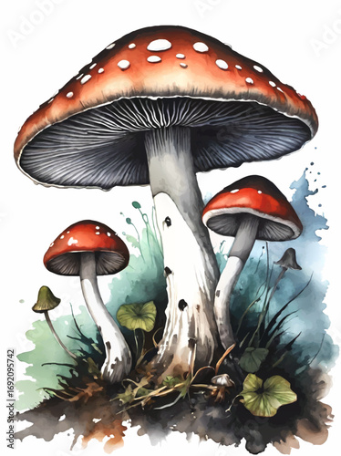 mushrooms fly agaric watercolor vector illustration
