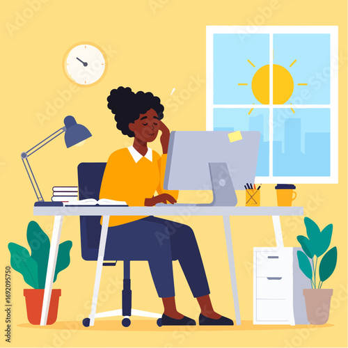 Exhausted woman at a computer desk, with a monitor, desk lamp, books, coffee, and plant, showing fatigue and stress, vector illustration in a warm yellow room.