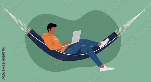 Relaxed man working remotely on a laptop in a comfortable hammock, illustrating concepts of freelance, digital nomad, and work-life balance.