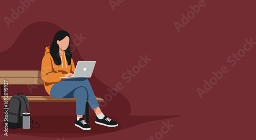 Casual young woman focused on her laptop while sitting on a bench with a backpack. Illustrates remote work, online learning, or mobile productivity.