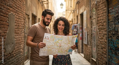 A smiling man and woman hold a map in an alley with brick walls and a light fixture