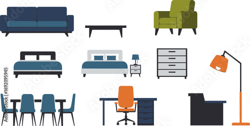 Collection of modern flat design furniture for home and office