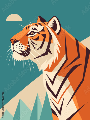 flat geometric minimalist illustration of a Siberian tiger, vector style, simplified bold shapes, abstract details, warm orange and beige with teal background