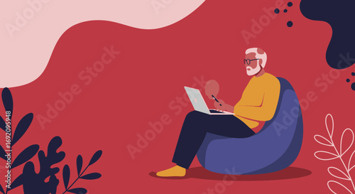 Elderly man in a comfortable setting, actively using a laptop and phone. Represents digital literacy, remote work, and a modern, connected lifestyle.