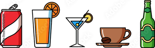 Collection of diverse beverages including soda, juice, cocktail, coffee, and beer