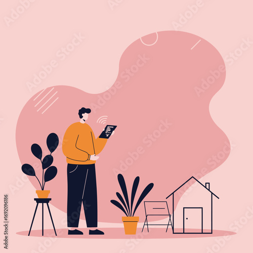 Man using a tablet to control smart home features, highlighting modern living, connectivity, and remote management. Ideal for tech, lifestyle, and business content.