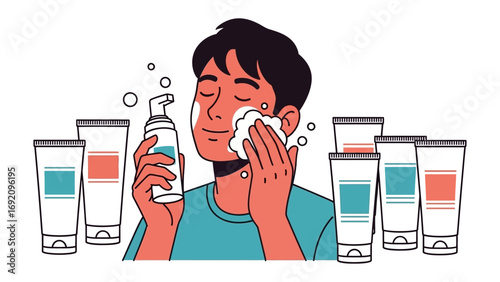 Young man washing face with foaming cleanser and towel surrounded by various skincare products and bottles on white background