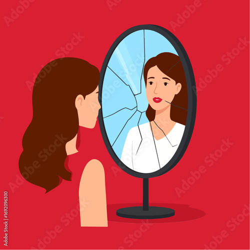Woman looking at her reflection in a cracked mirror, showing the concept of identity crisis, mental health issues, self-doubt, and distorted self-image, on a red background.