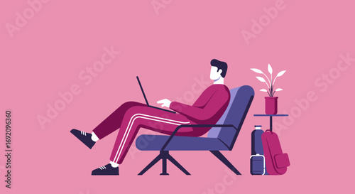Person relaxed in a lounge chair, working on a laptop with luggage nearby. Represents modern remote work, digital nomad lifestyle, and travel convenience.