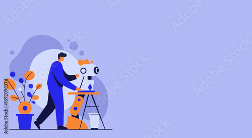 Professional man collaborating with a robot arm, symbolizing innovation, AI, automation, and human-machine partnership in modern business.
